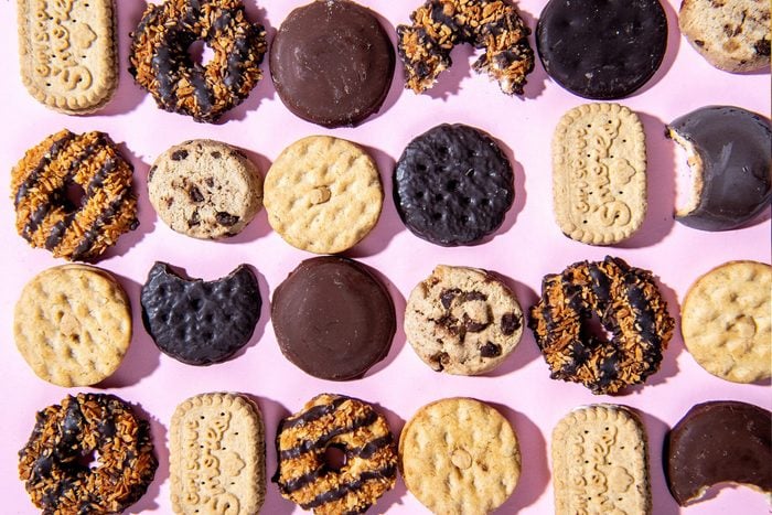 Top down view of assortment of girl scout cookies